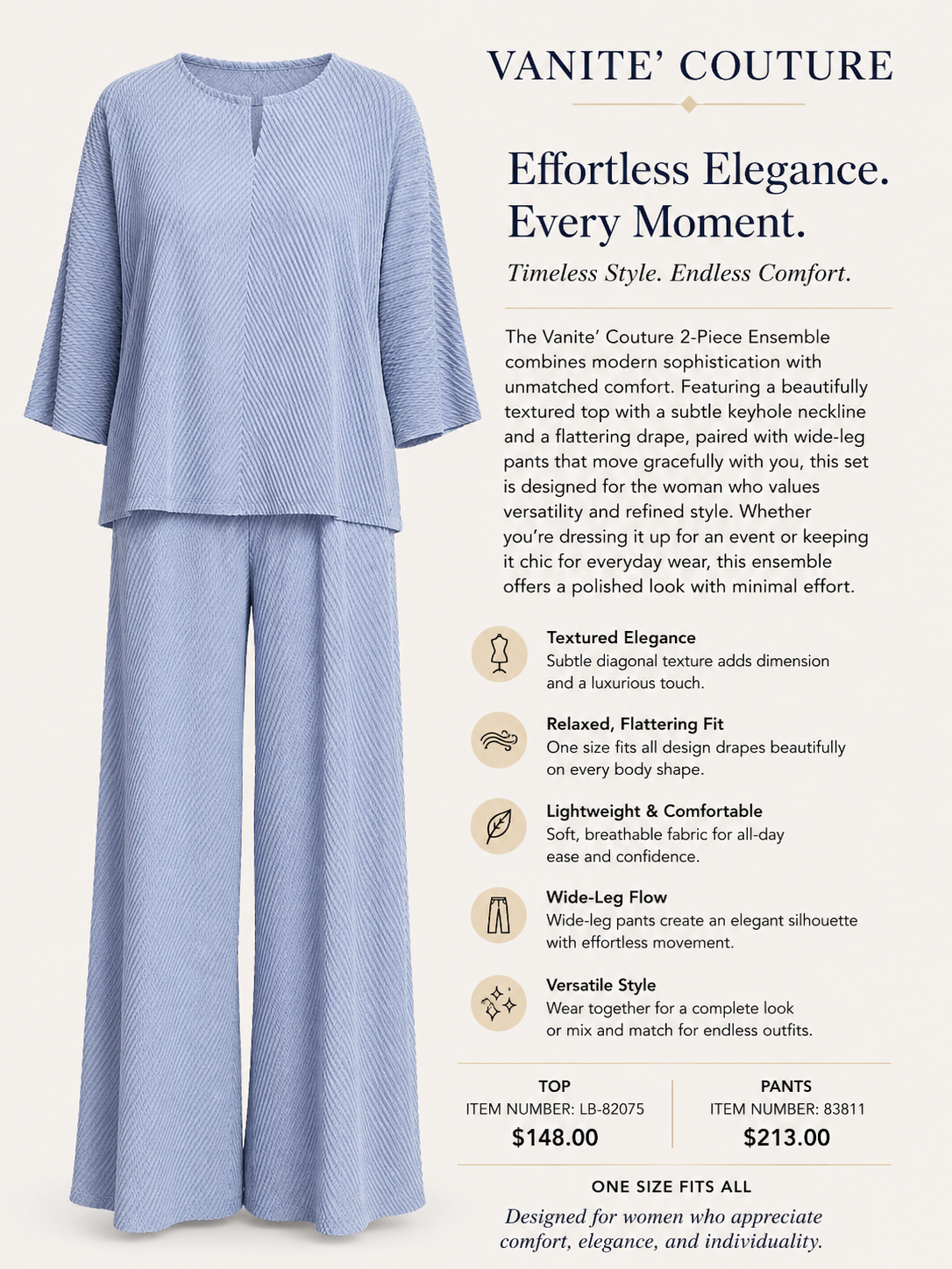 Vanite Couture 2-piece ensemble with text highlighting features and pricing.